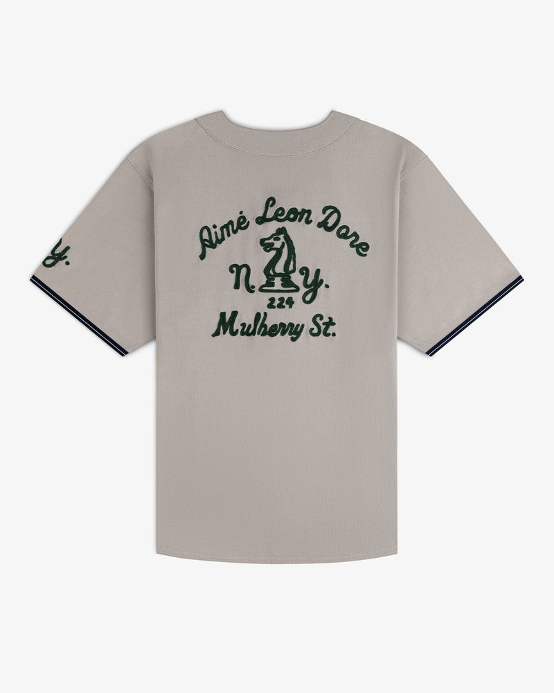 Gray Mulberry Chainstitch Baseball Jersey with dark green text and chess knight graphic on the back.