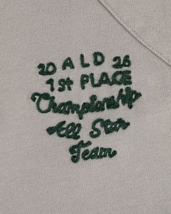 Green embroidery on beige Mulberry Chainstitch Baseball Jersey reads: 20ALD26 1st PLACE Championship All Star Team.