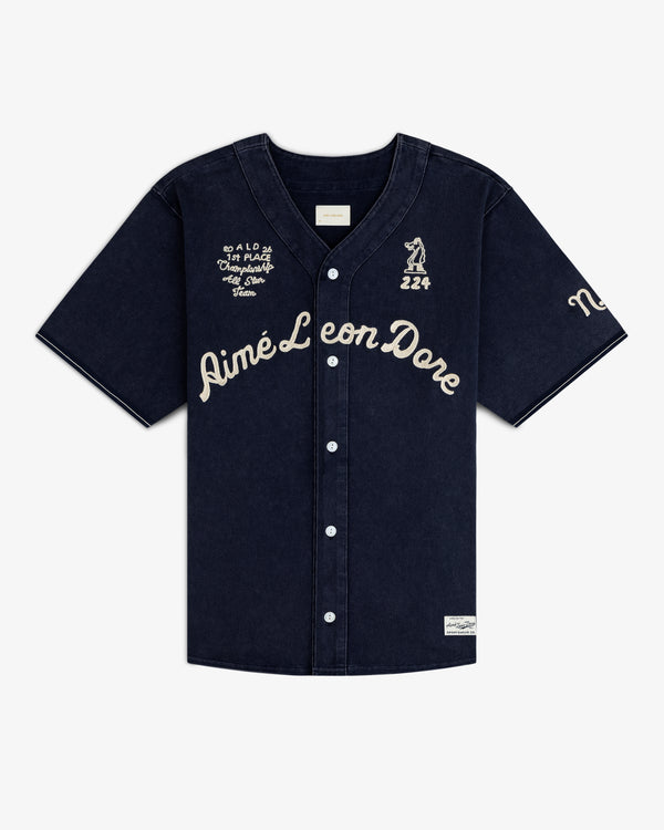 Mulberry Chainstitch Baseball Jersey with Aimé Leon Dore script and white buttons, laid flat on a white surface.