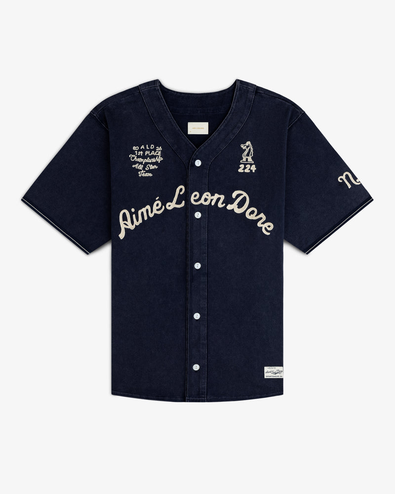 Mulberry Chainstitch Baseball Jersey with Aimé Leon Dore script and white buttons, laid flat on a white surface.