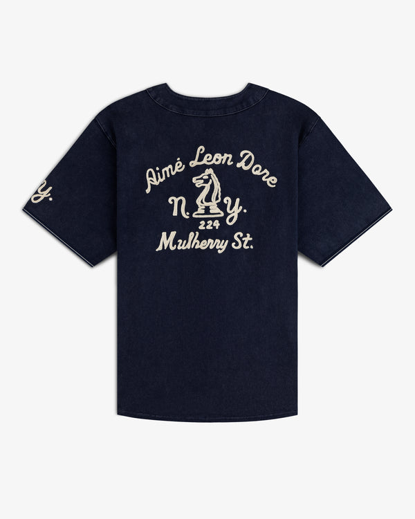 Navy Mulberry Chainstitch Baseball Jersey with white chess knight graphic and Aimé Leon Dore 224 Mulberry St. text.