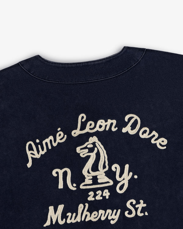 Navy Mulberry Chainstitch Baseball Jersey with cream Aimé Leon Dore N.Y. 224 Mulberry St. & chess knight embroidery.