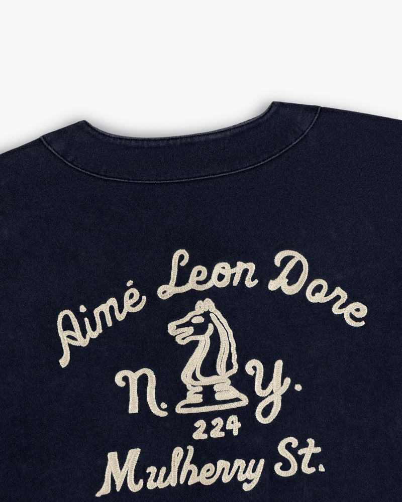 Navy Mulberry Chainstitch Baseball Jersey with cream Aimé Leon Dore N.Y. 224 Mulberry St. & chess knight embroidery.