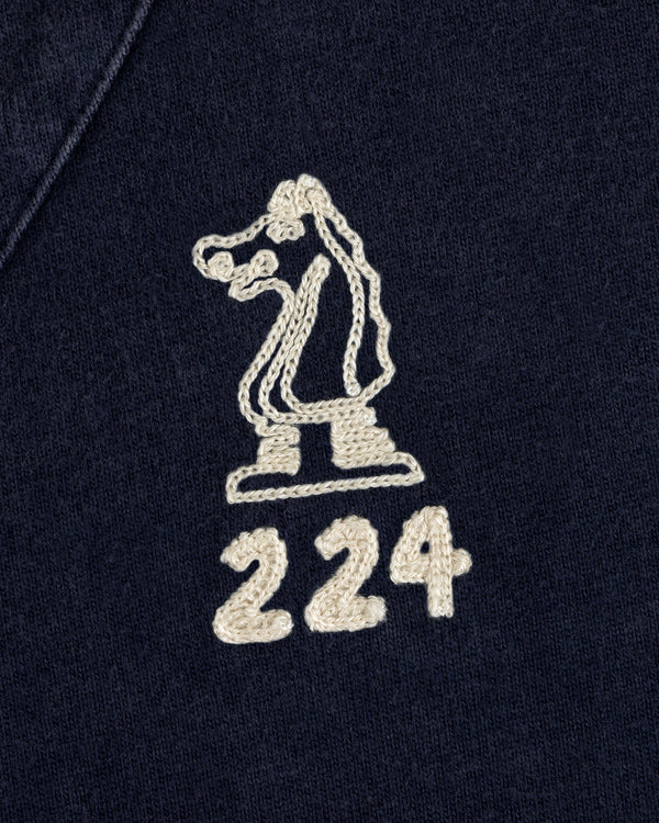 White crocodile & 224 chainstitch embroidery on dark blue Mulberry Chainstitch Baseball Jersey.