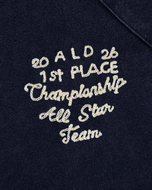 Mulberry Chainstitch Baseball Jersey: Navy with “20 ALD 26 1st PLACE Championship All Star Team” in white cursive embroidery.