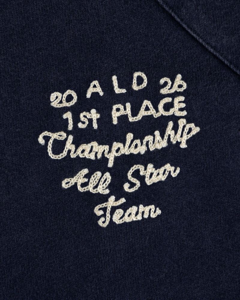 Mulberry Chainstitch Baseball Jersey: Navy with “20 ALD 26 1st PLACE Championship All Star Team” in white cursive embroidery.
