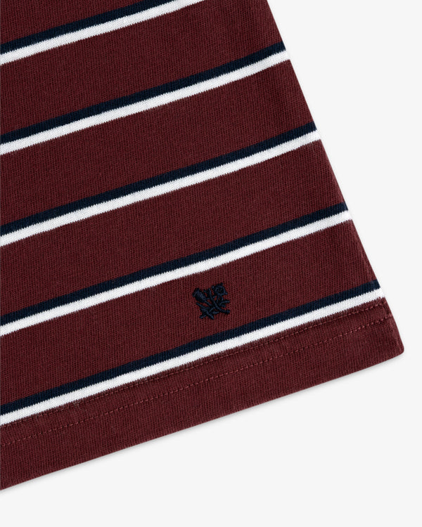 Yarn Dyed Striped Tee: Maroon with white and black stripes, plus a small black embroidered logo near the hem.