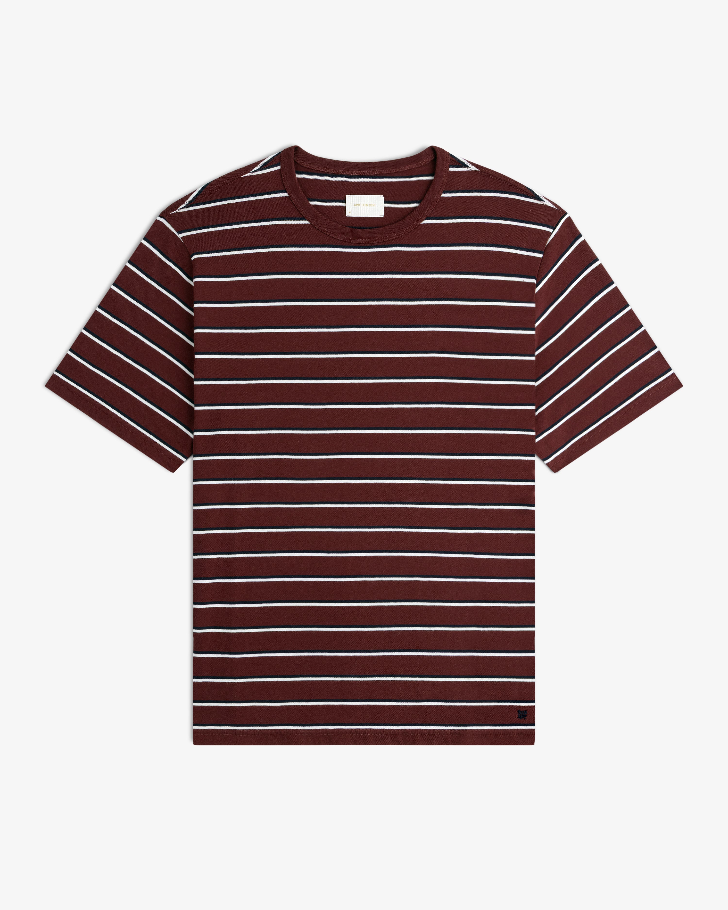 Yarn Dyed Striped Tee in maroon with white and black stripes, short sleeves, displayed flat on a white background.