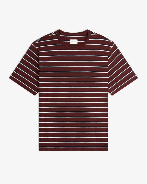Yarn Dyed Striped Tee in maroon with white and black stripes, short sleeves, displayed flat on a white background.
