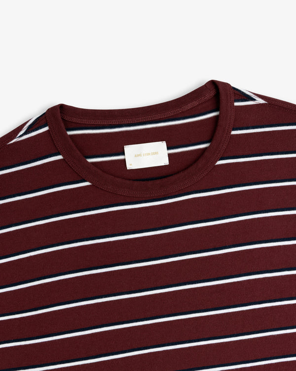 Yarn Dyed Striped Tee in maroon with white and navy stripes, displayed from the neck/shoulders on white.