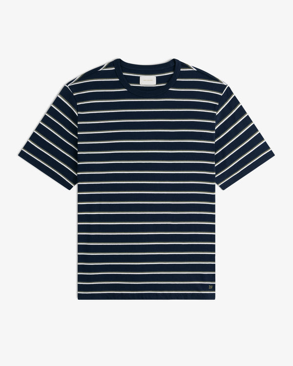 Yarn Dyed Striped Tee in navy with white stripes, short sleeves, shown flat on a white background.