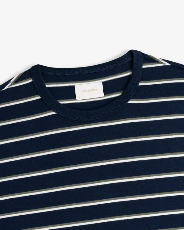 Yarn Dyed Striped Tee in navy with white and light gray stripes, shown from collar and upper chest.