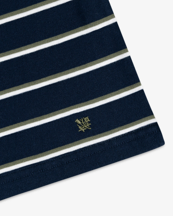 Yarn Dyed Striped Tee in navy, olive, and white with a gold embroidered flower logo near the hem.