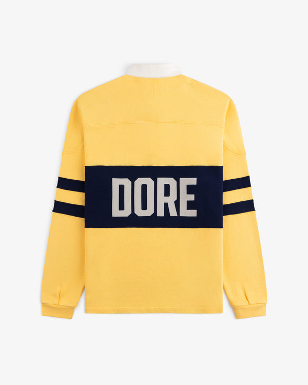 Leon Dore Collegiate Rugby: yellow long-sleeve with navy stripes, “DORE” navy/white block on the back.