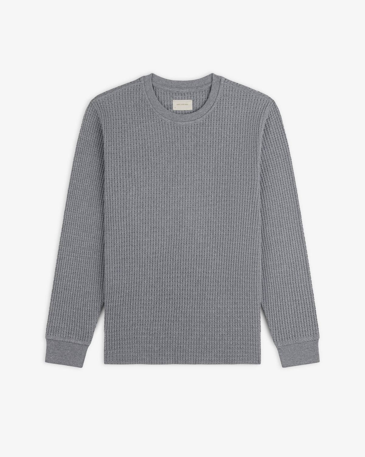 Grey Long-Sleeve Waffle Thermal shirt with a crewneck and waffle-knit texture.