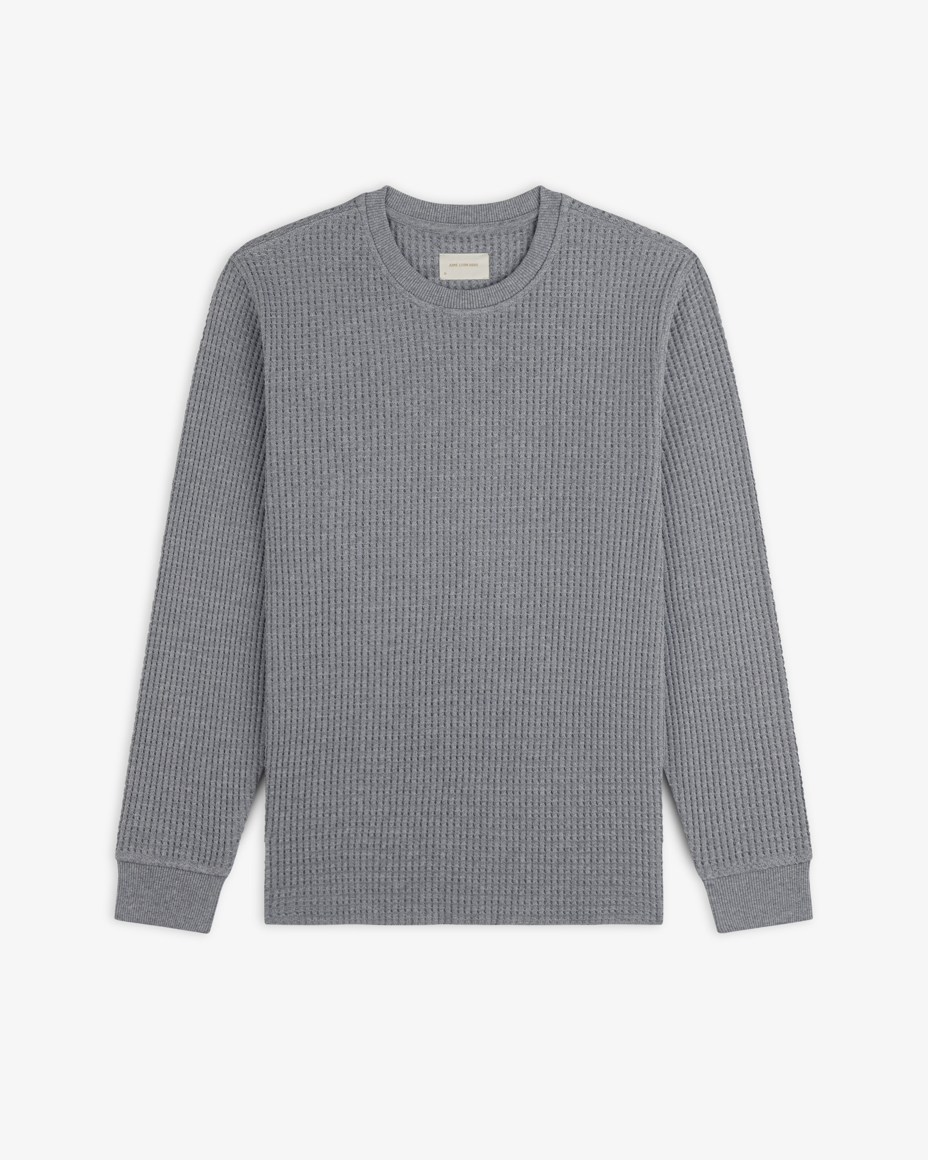 Grey Long-Sleeve Waffle Thermal shirt with a crewneck and waffle-knit texture.