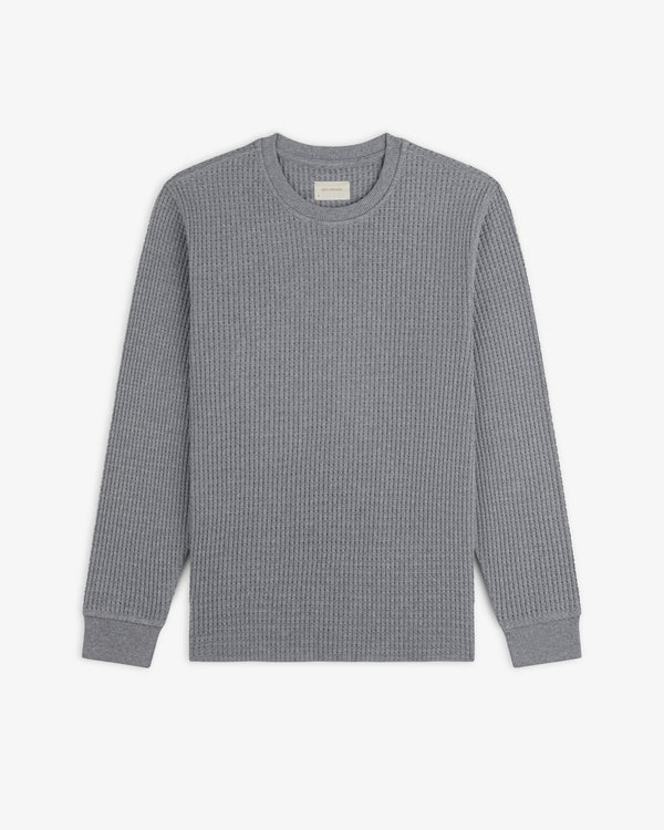 Grey Long-Sleeve Waffle Thermal shirt with a crewneck and waffle-knit texture.