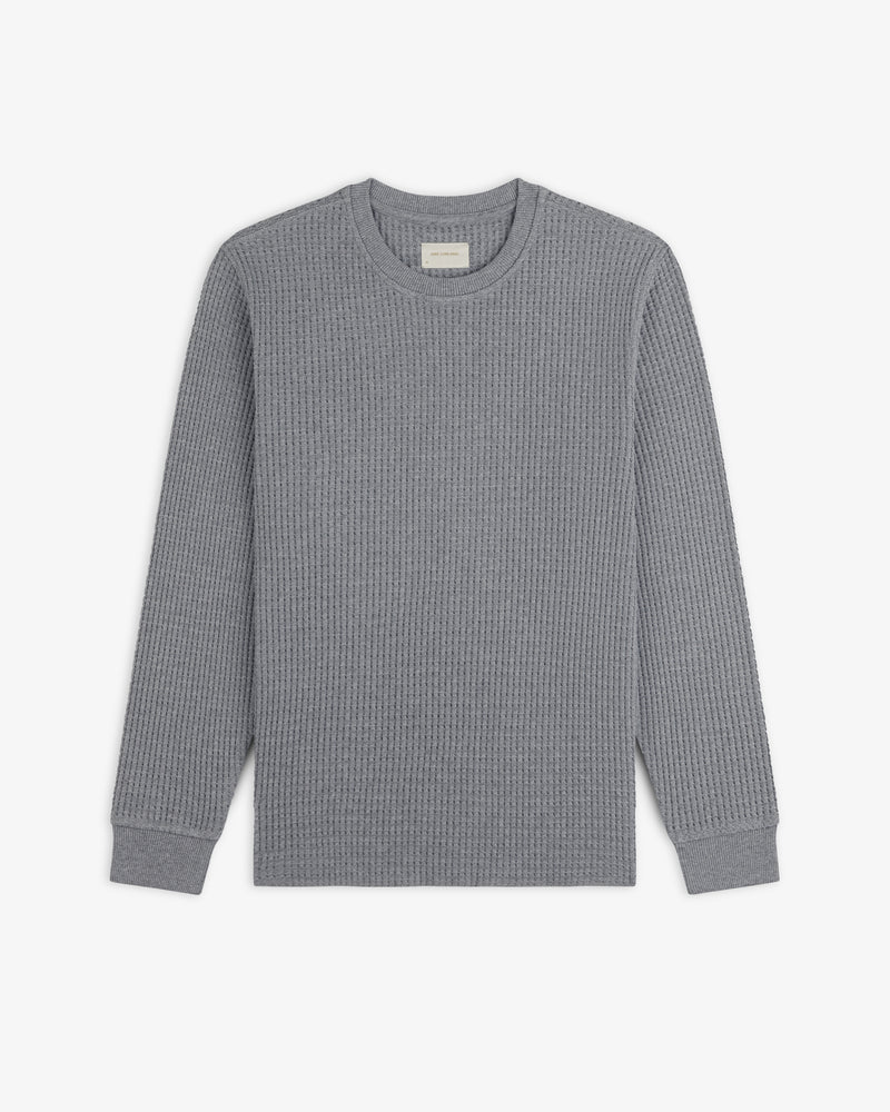 Grey Long-Sleeve Waffle Thermal shirt with a crewneck and waffle-knit texture.
