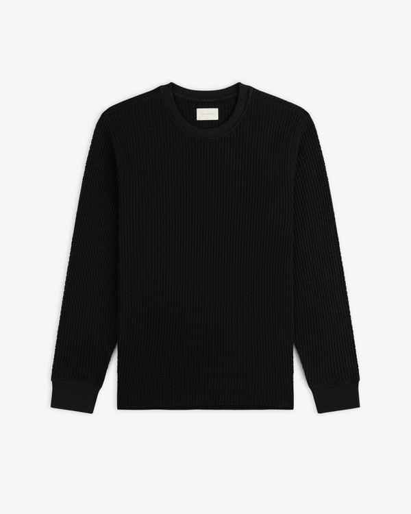 Black Long-Sleeve Waffle Thermal crewneck shirt with a waffle-knit texture.