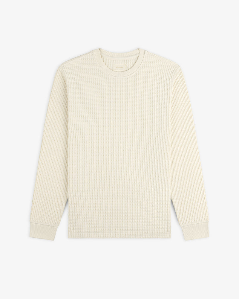 Off-white long-sleeve Long-Sleeve Waffle Thermal crewneck shirt with a waffle-knit texture.