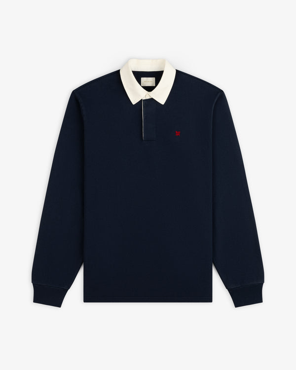 Crest Rugby: Navy long-sleeve shirt with white collar, red chest logo, shown flat on a white background.