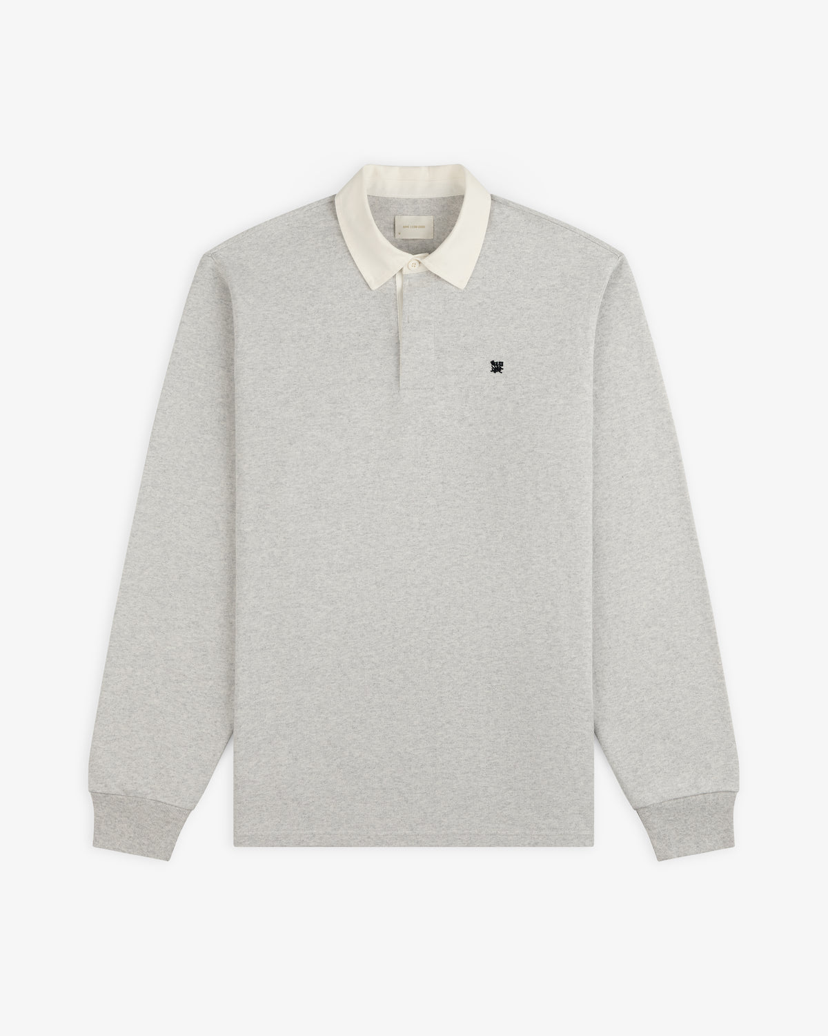 Crest Rugby: light gray long-sleeve polo with white collar, small black chest logo, flat on white background.