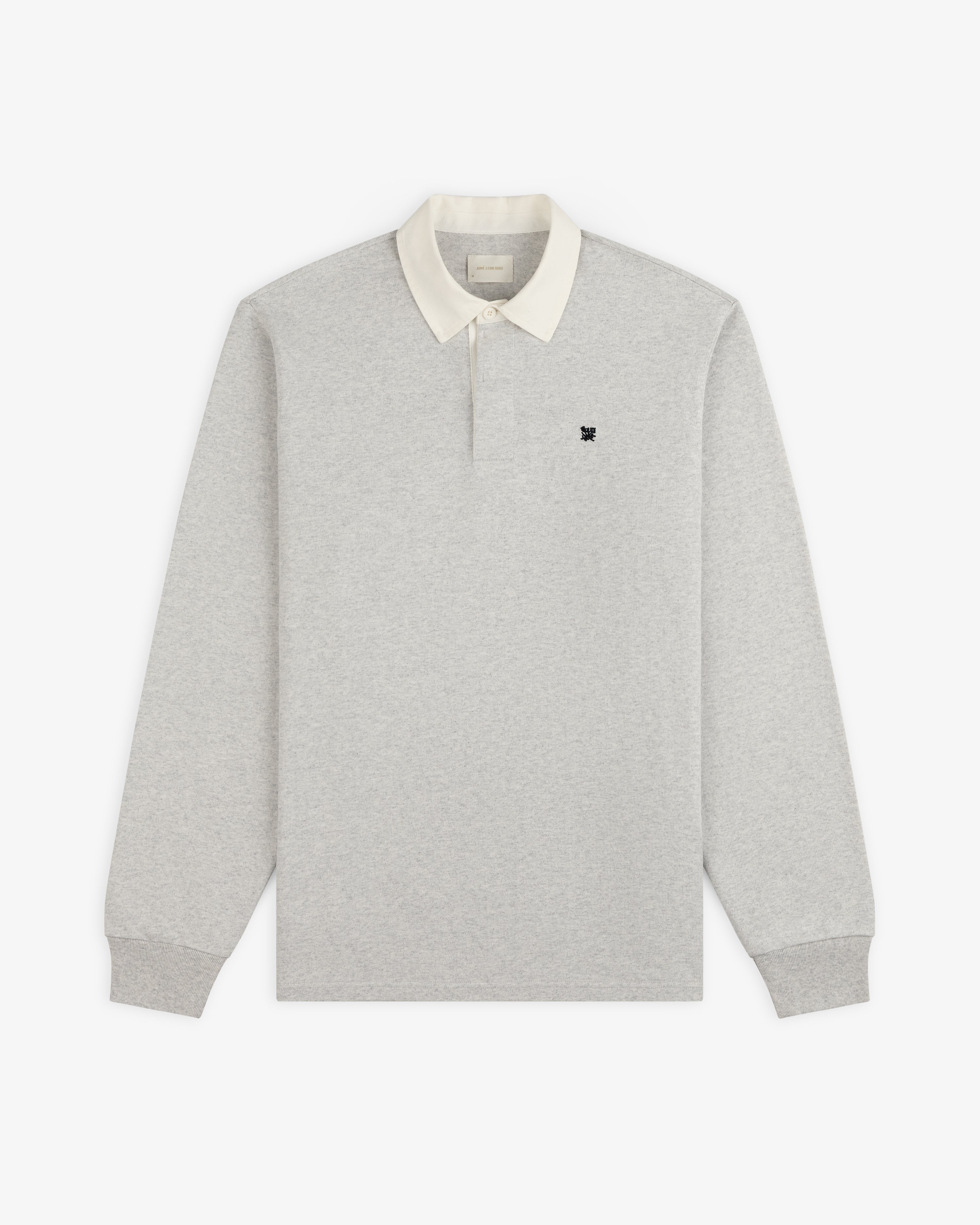 Crest Rugby: light gray long-sleeve polo with white collar, small black chest logo, flat on white background.