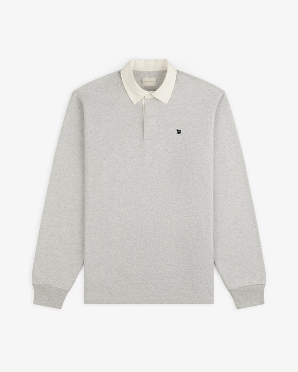 Crest Rugby: light gray long-sleeve polo with white collar, small black chest logo, flat on white background.