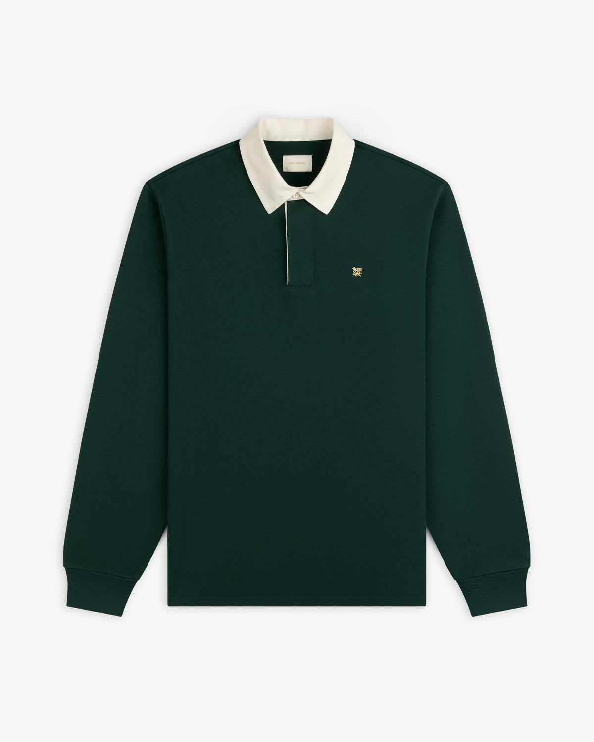 Crest Rugby: Dark green long-sleeve polo with white collar and small chest logo.