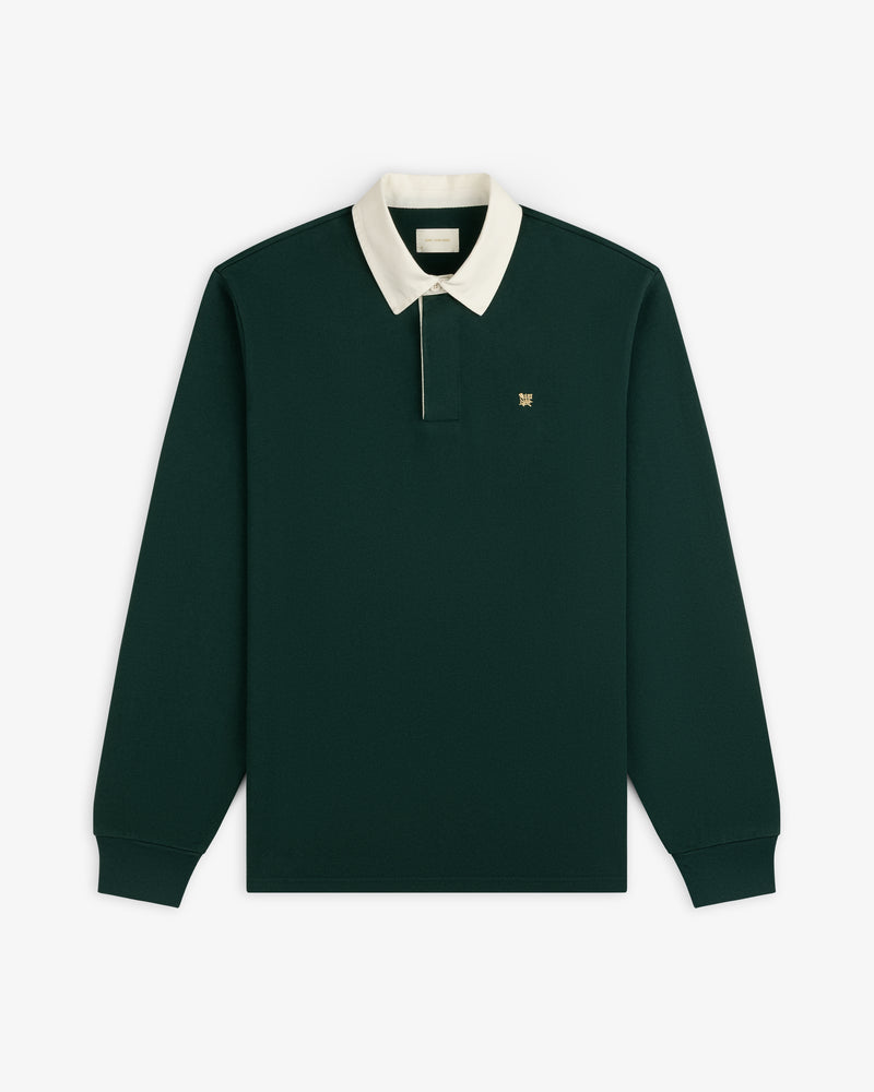 Crest Rugby: Dark green long-sleeve polo with white collar and small chest logo.