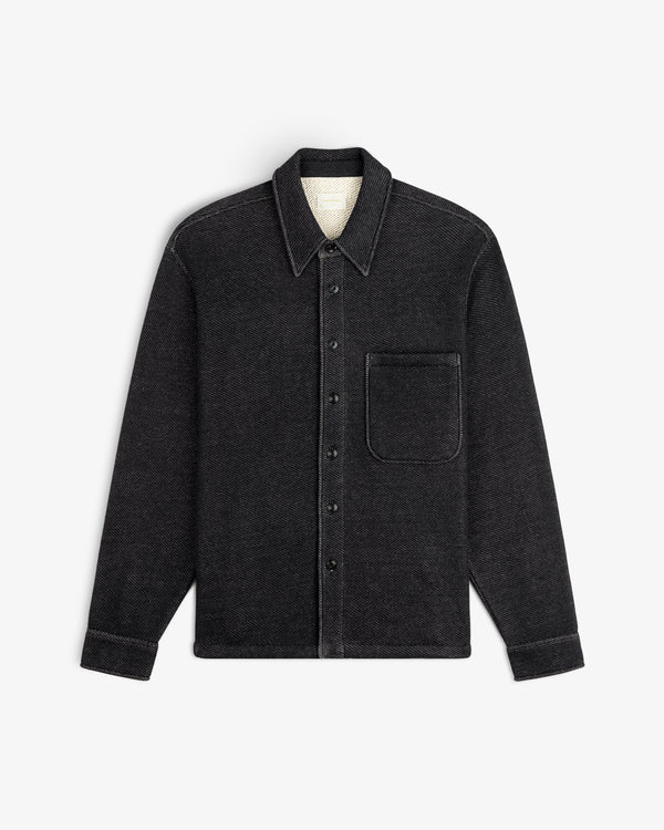 Terry Lounge Shirt: a black long-sleeve button-down with a collar, buttoned cuffs, and a single chest pocket.