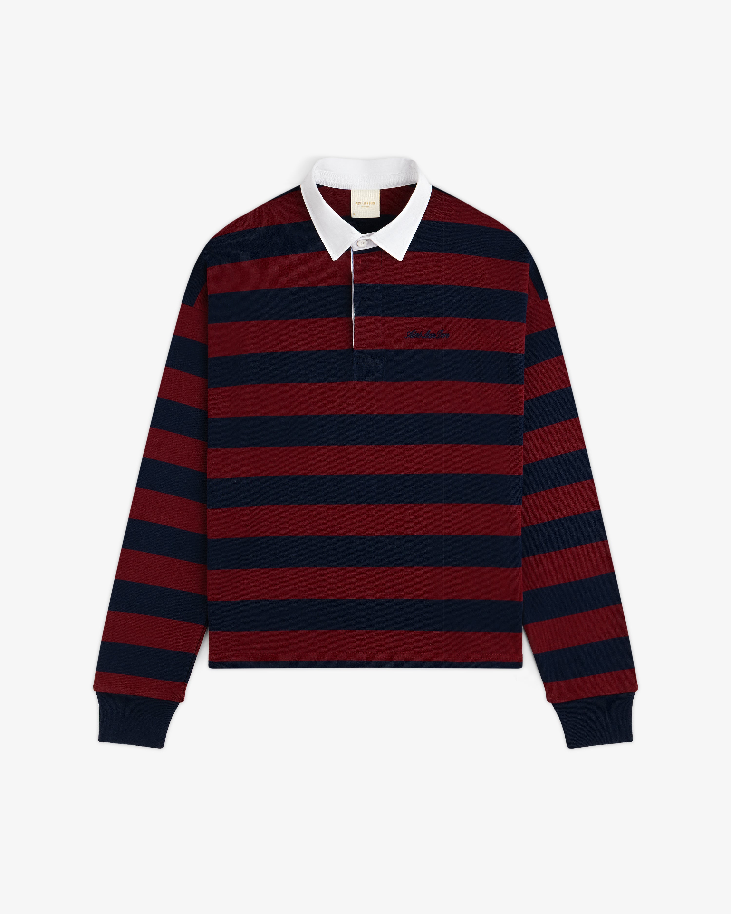 Striped Script Rugby long-sleeve shirt with horizontal navy and maroon stripes, a white collar, and chest embroidery.