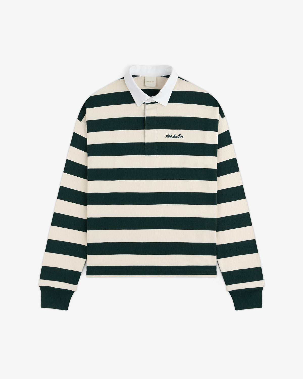Striped Script Rugby long-sleeve shirt with horizontal dark green and cream stripes, a white collar, and chest embroidery.