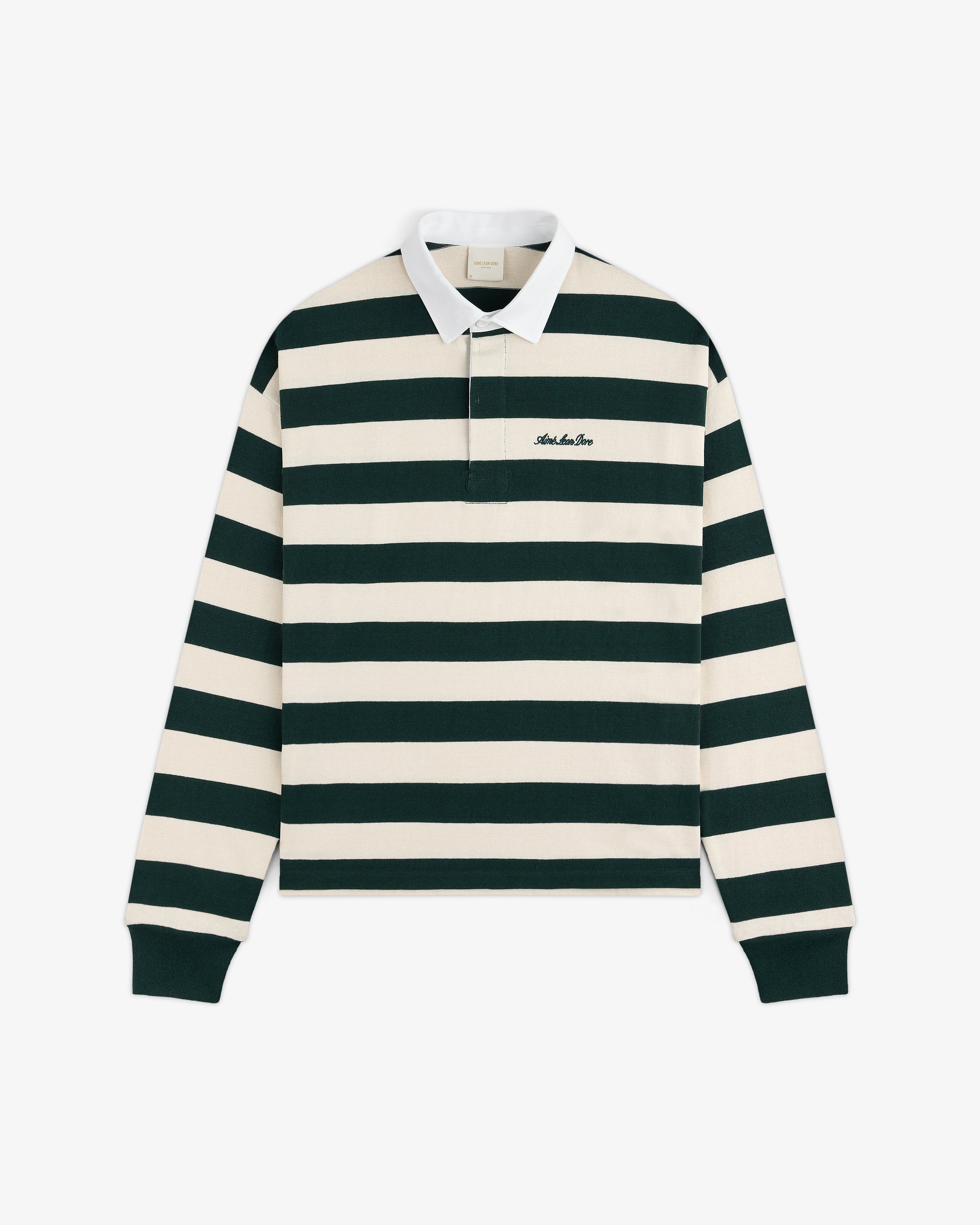 Striped Script Rugby long-sleeve shirt with horizontal dark green and cream stripes, a white collar, and chest embroidery.