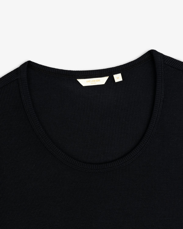 Black Ribbed Scoop Neck Long-Sleeve Tee with a scoop neckline and interior garment tags.