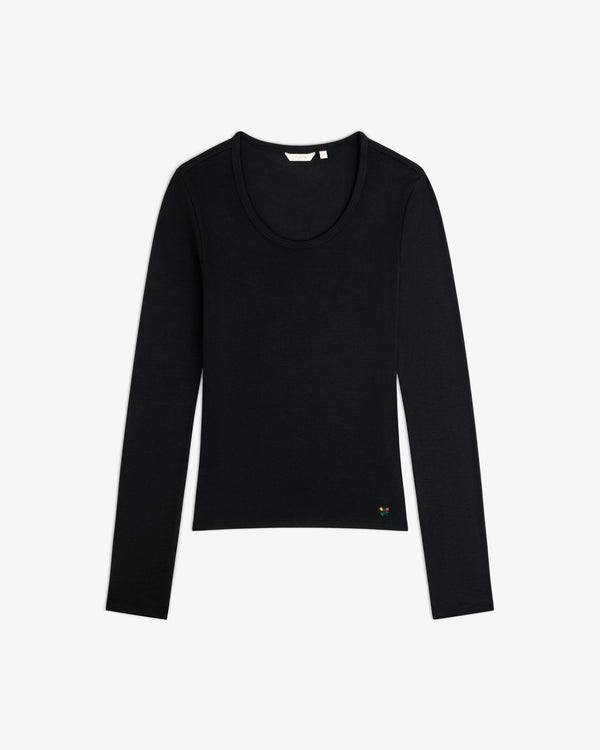 Black Ribbed Scoop Neck Long-Sleeve Tee with a small floral embroidery near the hem.