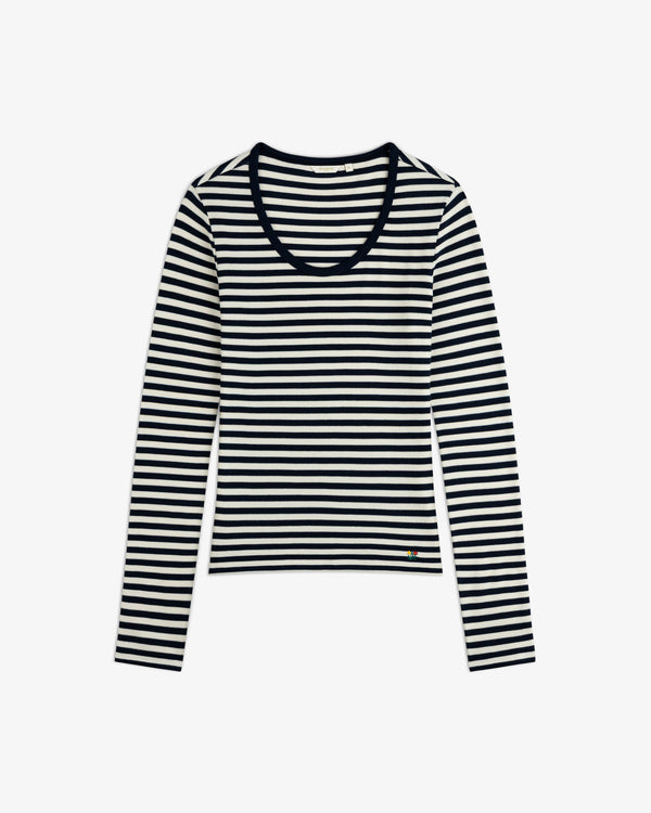 Ribbed Scoop Neck Long-Sleeve Tee with black and white horizontal stripes and a small colorful heart emblem at the hem.