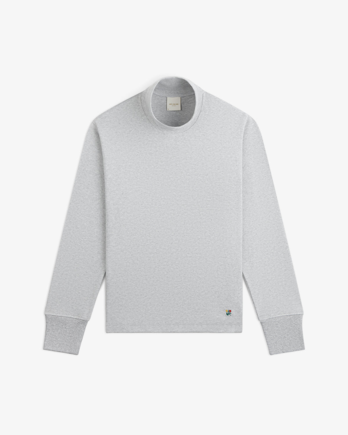 Light grey Heavyweight Crest Mockneck Tee with a small colorful crest embroidery on the lower right.