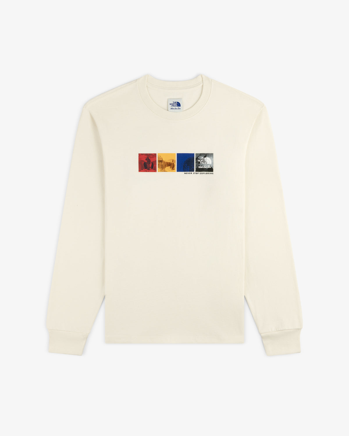 ALD / The North Face Long-Sleeve Explorer Tee in off-white with three colorful squares and front-center text.