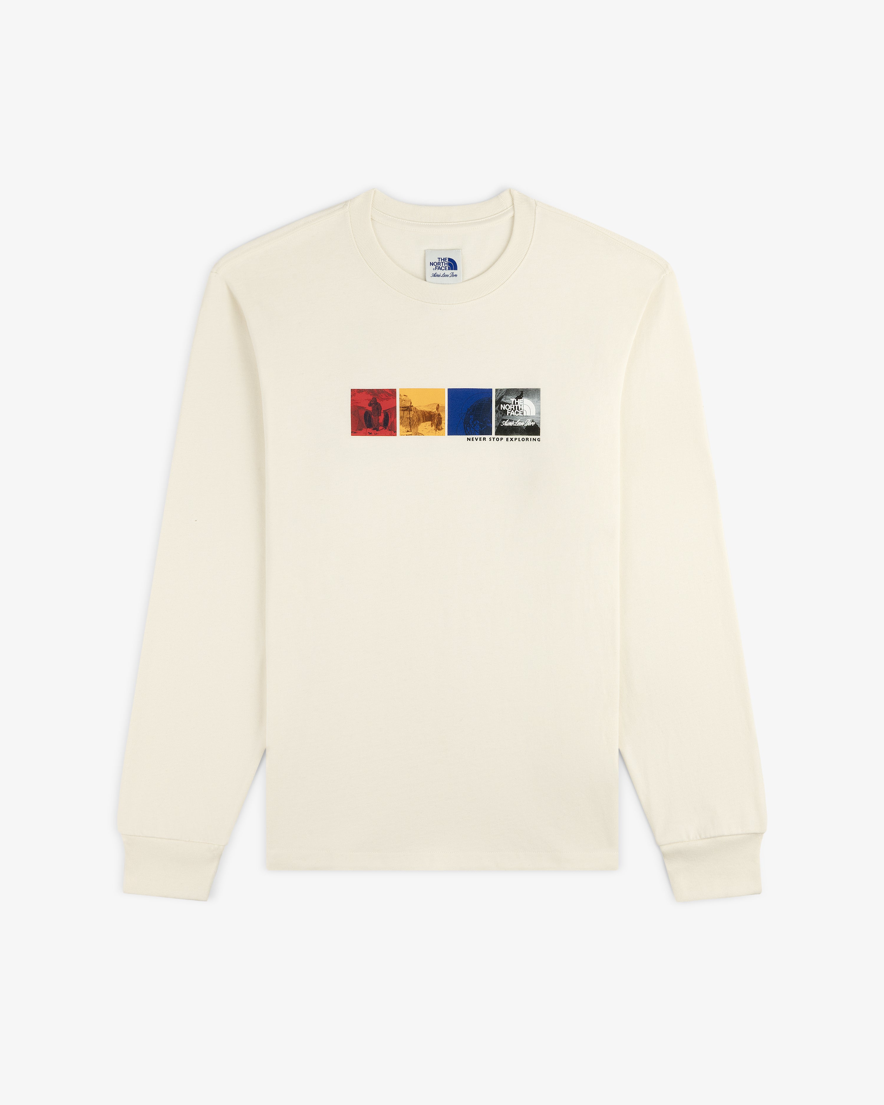 ALD / The North Face Long-Sleeve Explorer Tee in off-white with three colorful squares and front-center text.