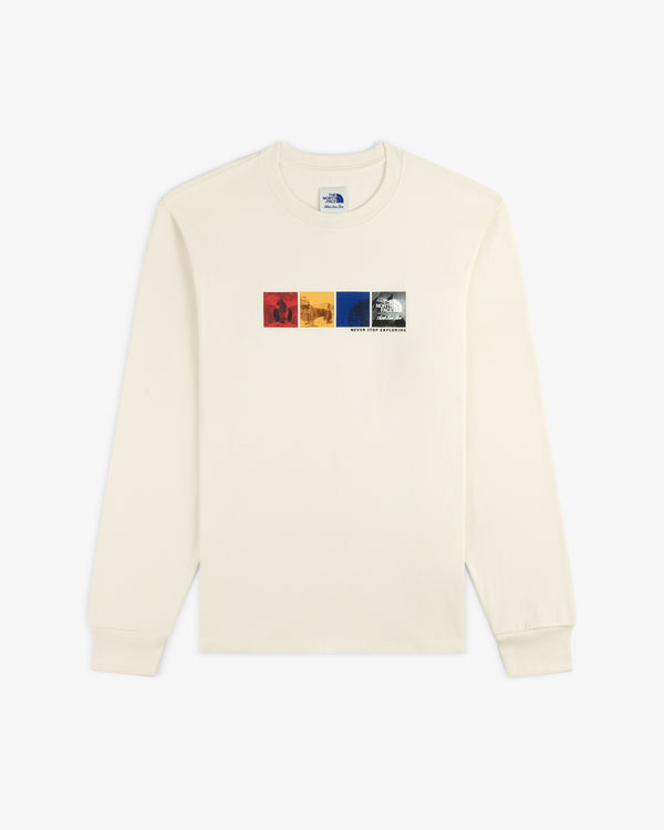 ALD / The North Face Long-Sleeve Explorer Tee in off-white with three colorful squares and front-center text.
