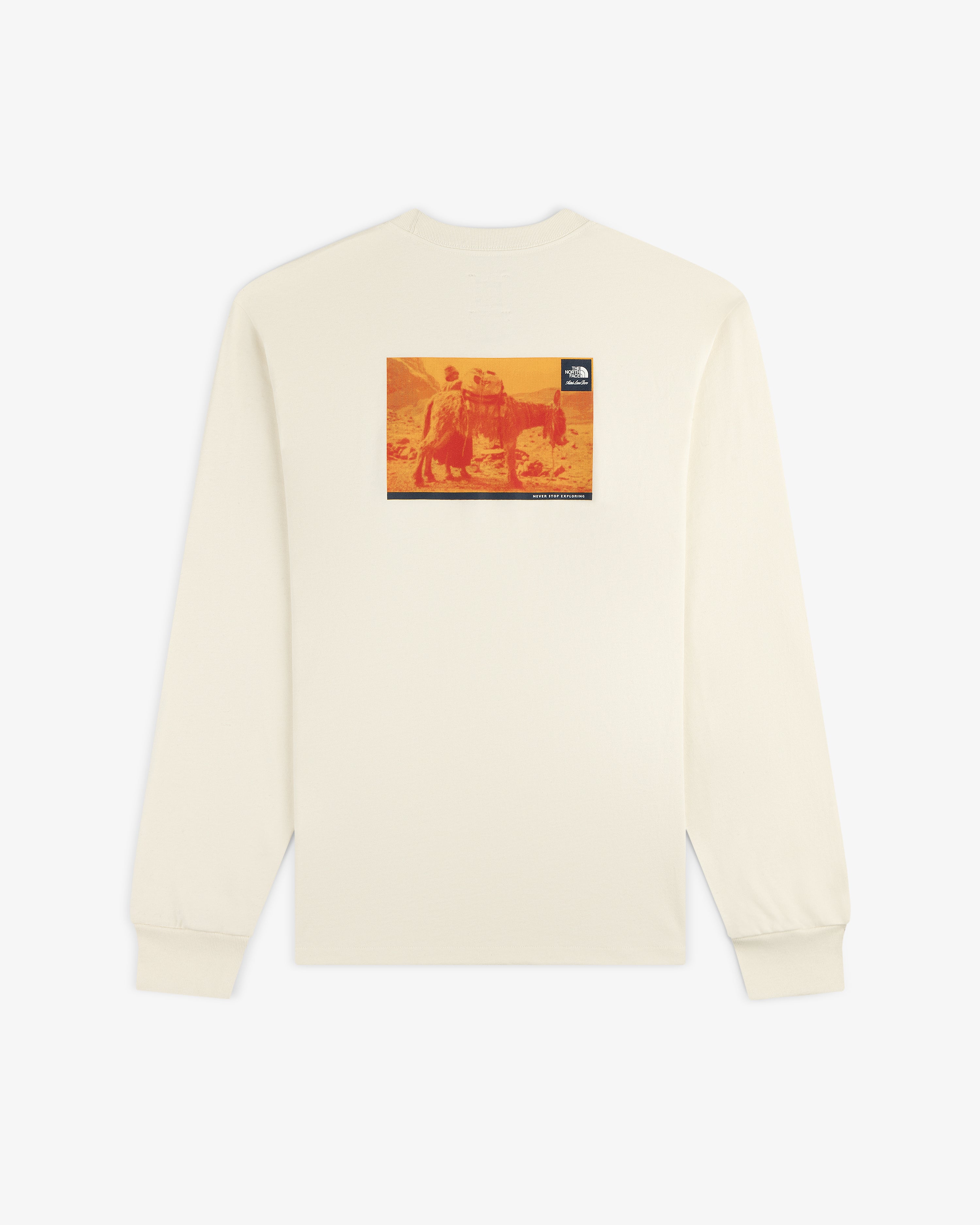 Beige ALD/The North Face Explorer Tee with long sleeves and an orange outdoor scene plus logo on the back.