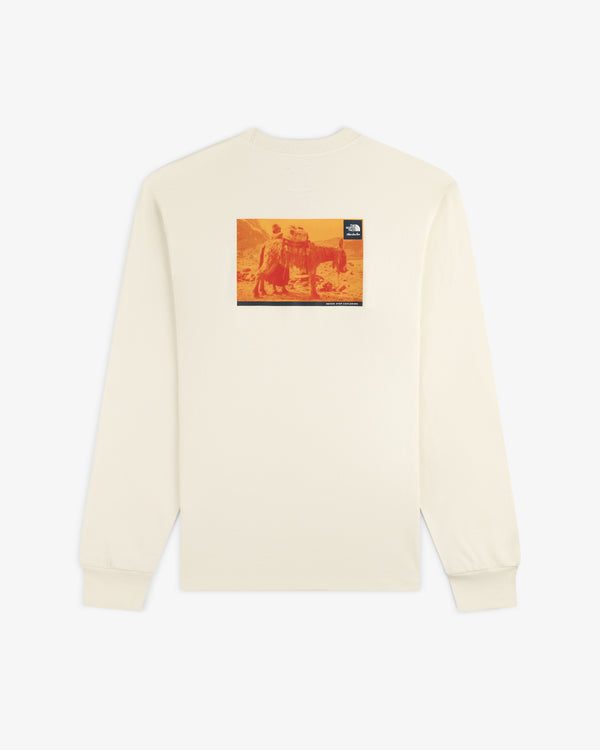 Beige ALD/The North Face Explorer Tee with long sleeves and an orange outdoor scene plus logo on the back.