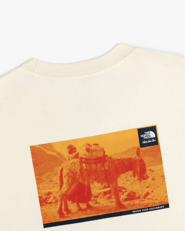Off-white ALD/The North Face Explorer Tee with orange donkey graphic, logo, and “Never Stop Exploring” text.