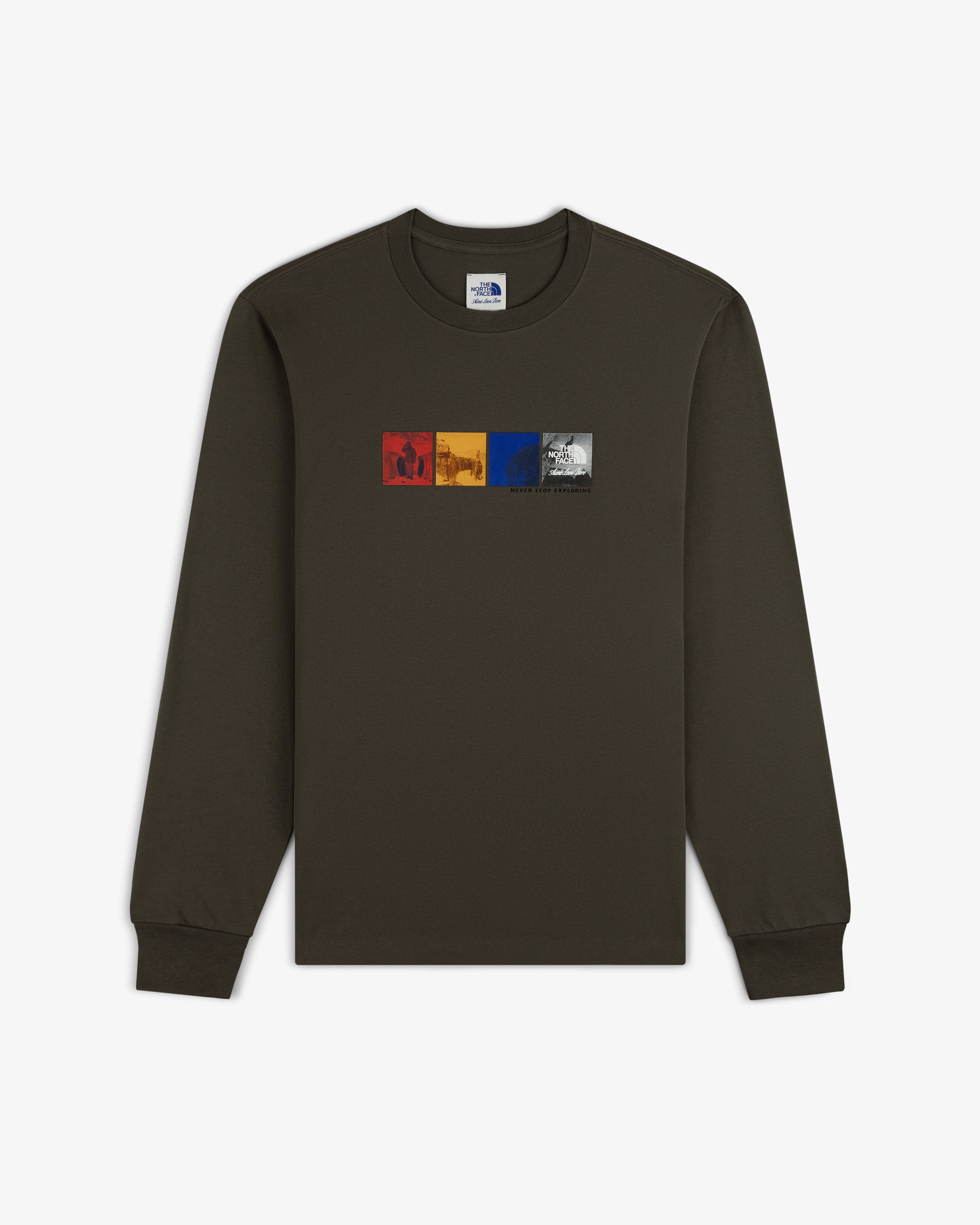 ALD / The North Face Long-Sleeve Explorer Tee in dark green with four colorful graphic squares and chest logo.