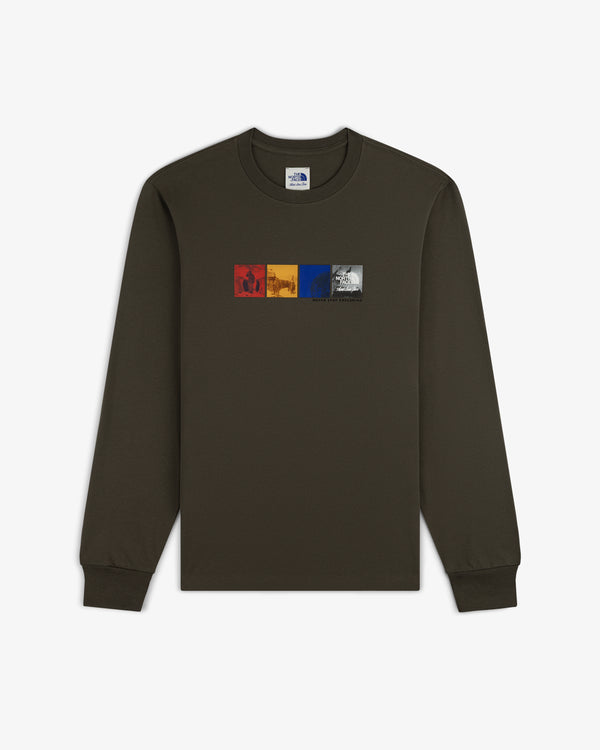 ALD / The North Face Long-Sleeve Explorer Tee in dark green with four colorful graphic squares and chest logo.