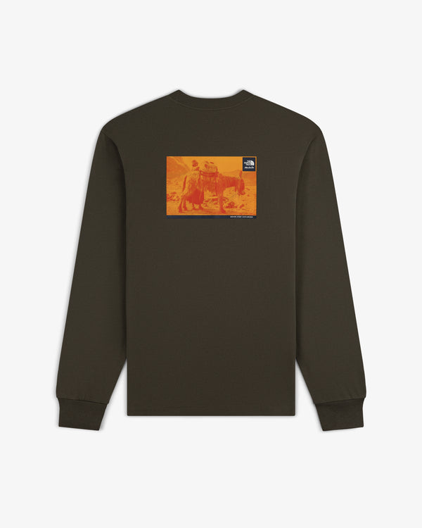ALD/The North Face Long-Sleeve Explorer Tee with orange-yellow graphic and small logo on the back.