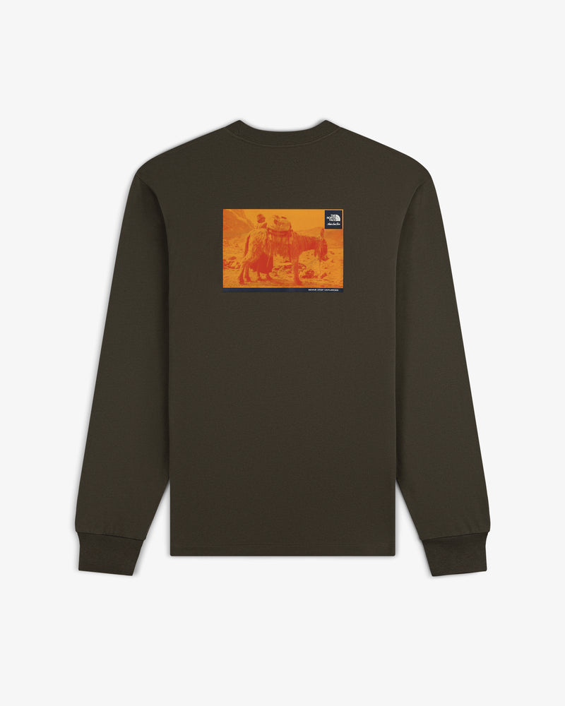 ALD/The North Face Long-Sleeve Explorer Tee with orange-yellow graphic and small logo on the back.