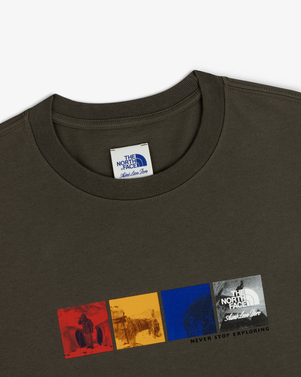 Dark green ALD / The North Face Long-Sleeve Explorer Tee with colorful graphics and Never Stop Exploring text.