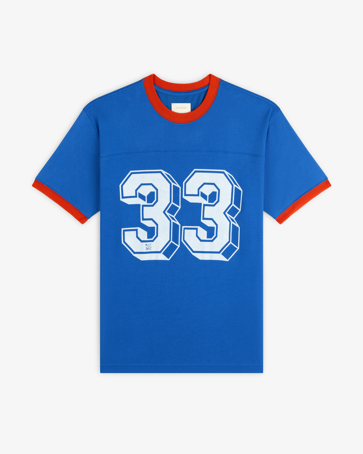 Football Ringer Tee in blue with red neck and sleeve trim and the number 33 in white on the chest.